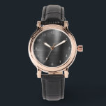 Elegante Rose Gold & Black Leather Strap Women's Armbanduhr<br><div class="desc">Elegante Frauenuhr aus schwarzem Glattleder mit goldenen Rose-Akzenten, gebürstetem Metallstil und weißen Zahlen.</div>