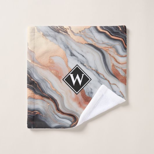 Elegante Rose Gold Black Marble Monogram Badhandtuch Set (Waschlappen)