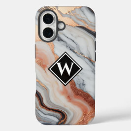 Elegante Rose Gold Black Marble Monogram iPhone 16 Hülle