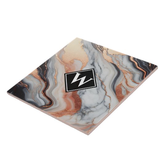 Elegante Rose Gold Black Marble Monogram Fliese (Seite)