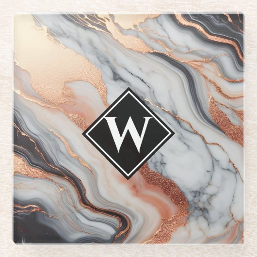 Elegante Rose Gold Black Marble Monogram Glasuntersetzer (Vorderseite)