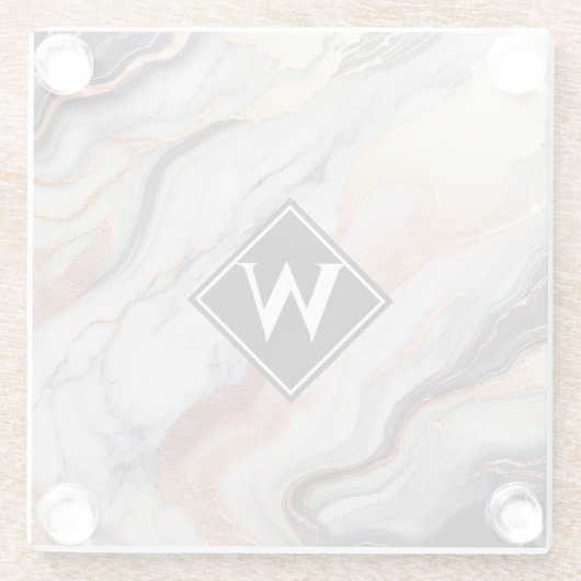 Elegante Rose Gold Black Marble Monogram Glasuntersetzer (Rückseite)