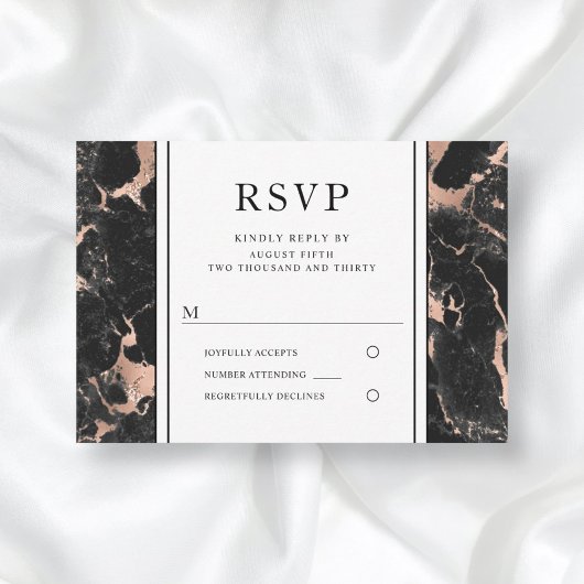 Elegante Rose Gold Black Marble Wedding RSVP Karte