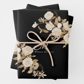 Elegante Rose Gold Black Monogram Geschenkpapier Set