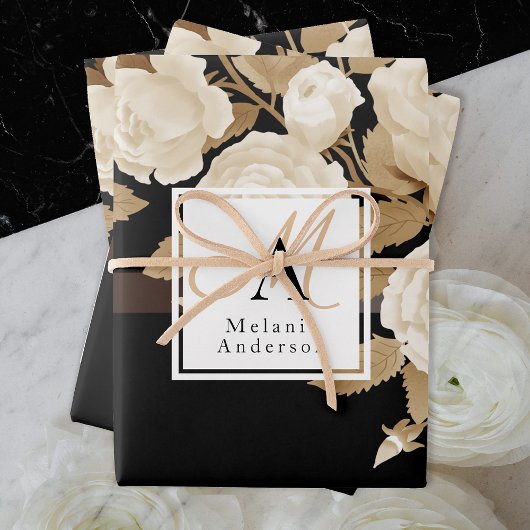 Elegante Rose Gold Black Monogram Geschenkpapier Set