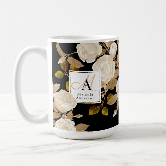 Elegante Rose Gold Black Monogram Kaffeetasse (Links)