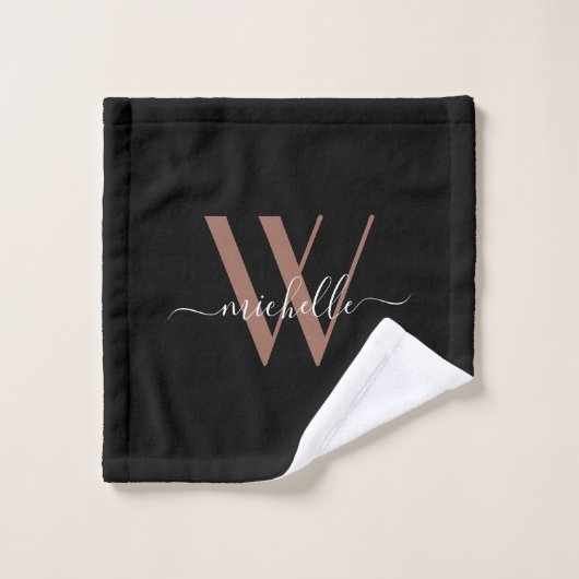 Elegante Rose Gold Black Monogram Name Script Badhandtuch Set (Waschlappen)