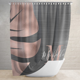 Elegante Rose Gold Black Palm Leaf Monogram Duschvorhang