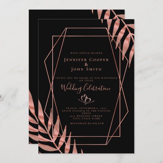 Elegante Rose Gold Blätter Black Wedding Einladung (Vorne/Hinten)