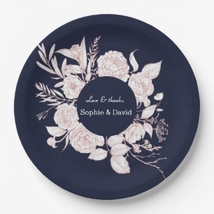 Elegante Rose Gold Blume Navy Blue Wedding Pappteller