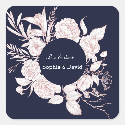 Elegante Rose Gold Blume Navy Blue Wedding Quadratischer Aufkleber (Vorderseite)