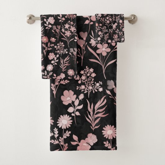 Elegante Rose Gold Blume Schwarz Botanisch Badhandtuch Set (Insitu)