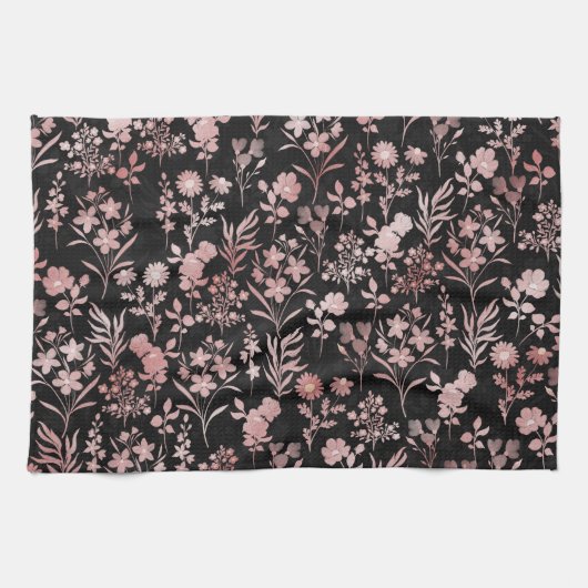 Elegante Rose Gold Blume Schwarz Botanisch Geschirrtuch (Horizontal)