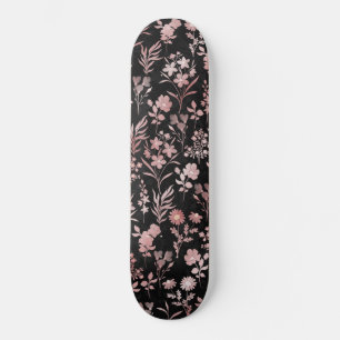 Elegante Rose Gold Blume Schwarz Botanisch Skateboard