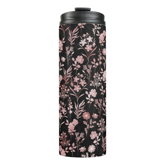 Elegante Rose Gold Blume Schwarz Botanisch Thermosbecher (Vorderseite)