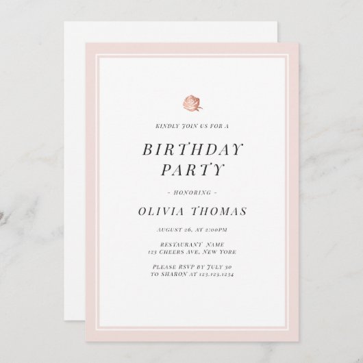 Elegante Rose Gold Blumenwein Minimalist Geburtsta Einladung (Vorne/Hinten)