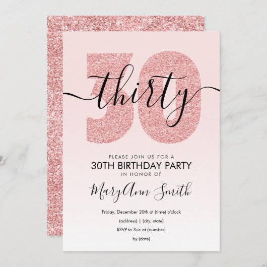 Elegante Rose Gold Blush Glitzer 30. Geburtstag Einladung (Vorne/Hinten)
