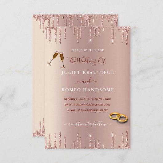 Elegante Rose Gold Blush Glitzer Einladung Hochzei (Vorne/Hinten)