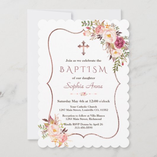 Elegante Rose Gold Blush Pink Blütenblütentaufe Einladung (Vorderseite)