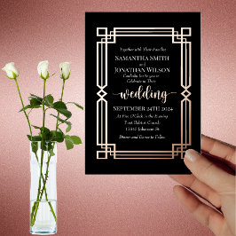 Elegante Rose Gold Border auf Black Wedding Real Folieneinladung