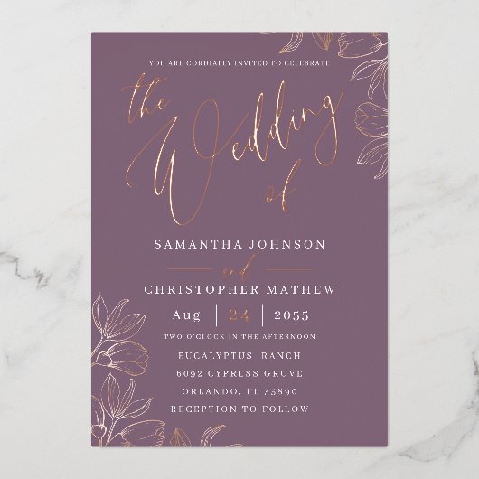 Elegante Rose Gold Botanisch Hochzeit von Folieneinladung (Vorderseite)