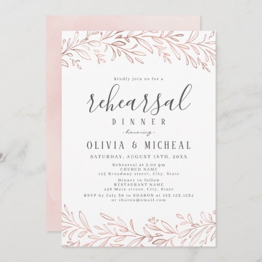 Elegante Rose Gold botanische Probe Abendessen Einladung (Vorne/Hinten)