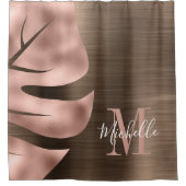 Elegante Rose Gold Brown Palm Leaf Monogramm Duschvorhang (Vorderseite)