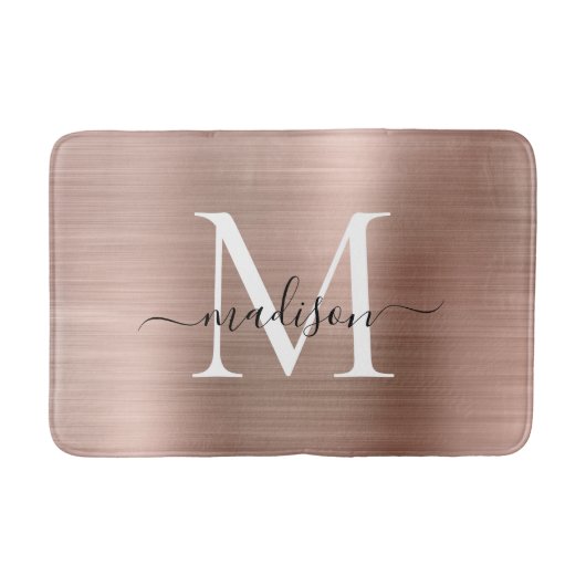 Elegante Rose Gold Brushed Metal Monogram Script Badematte (Vorderseite)