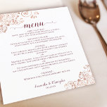 Elegante Rose Gold & Burgund BUDGET Hochzeitsmenü<br><div class="desc">Diese wunderschönen Hochzeitsmenüs sind einfach, elegant und stilvoll, aber dennoch preisgünstig. Sie zeichnen sich durch ein elegantes und glamouröses Design aus, mit Rose-Gold-Imitat-Folienstraße und bordeauxfarbener Schriftzeichen-Kalligraphie auf klassischem weißem Hintergrund. Es gibt Platz für die Namen des Paares und das Hochzeitstag. Bitte beachten Sie: Das Halbglanzpapier ist ein dünner Karton. Alle...</div>
