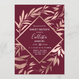 Elegante Rose Gold Burgundy Blumenblätter Sweet 16 Einladung