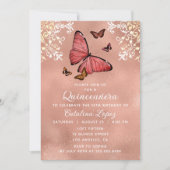 Elegante Rose Gold Butterfly Flora Quinceñera Einladung (Vorderseite)