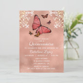Elegante Rose Gold Butterfly Flora Quinceñera Einladung (Stehend Vorderseite)