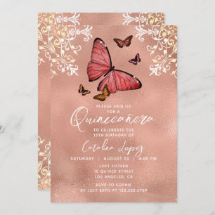 Elegante Rose Gold Butterfly Flora Quinceñera Einladung