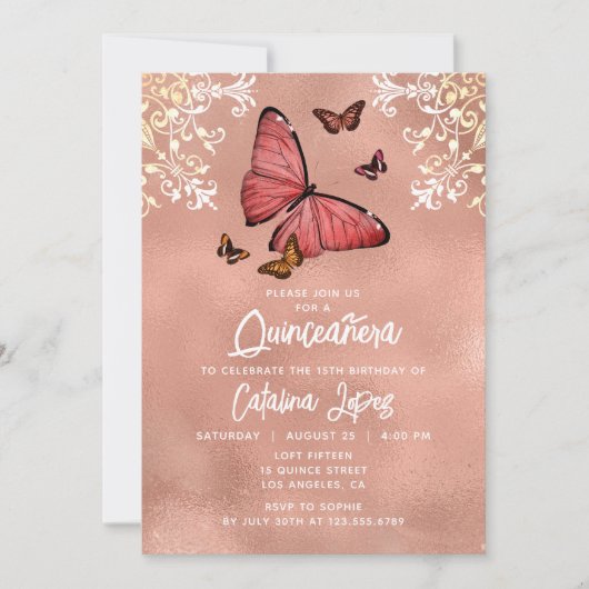 Elegante Rose Gold Butterfly Flora Quinceñera Einladung (Vorderseite)