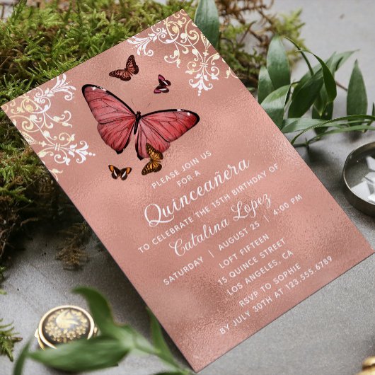 Elegante Rose Gold Butterfly Flora Quinceñera Einladung