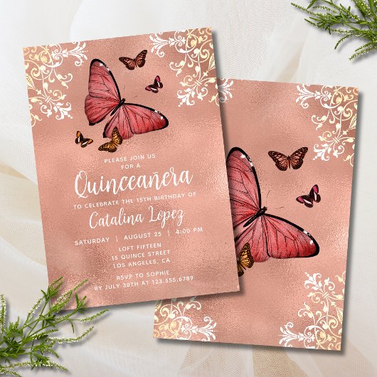 Elegante Rose Gold Butterfly Flora Quinceñera Einladung