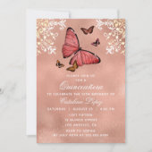 Elegante Rose Gold Butterfly Flora Quinceñera Einladung (Vorderseite)