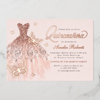 Elegante Rose Gold Butterfly Kleid Quinceanera Folieneinladung