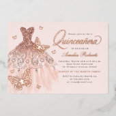 Elegante Rose Gold Butterfly Kleid Quinceanera Folieneinladung (Vorderseite)