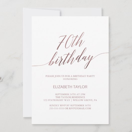 Elegante Rose Gold Calligraphie 70. Geburtstag Einladung (Vorderseite)