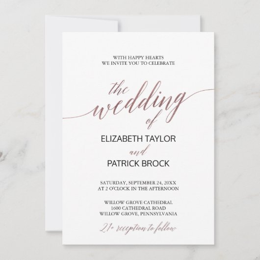 Elegante Rose Gold Calligraphy 21+ Wedding Einladung (Vorderseite)
