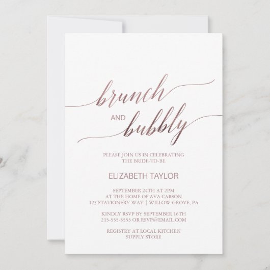 Elegante Rose Gold Calligraphy Brunch & Bubbly Einladung (Vorderseite)