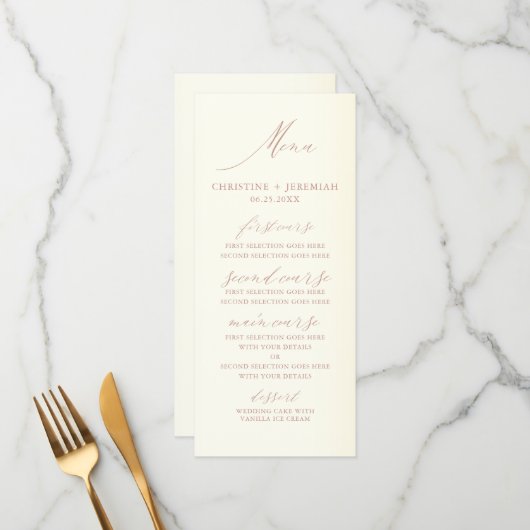 Elegante Rose Gold Calligraphy Champagne Wedding Menükarte (Vorderseite/Rückseite Beispiel)