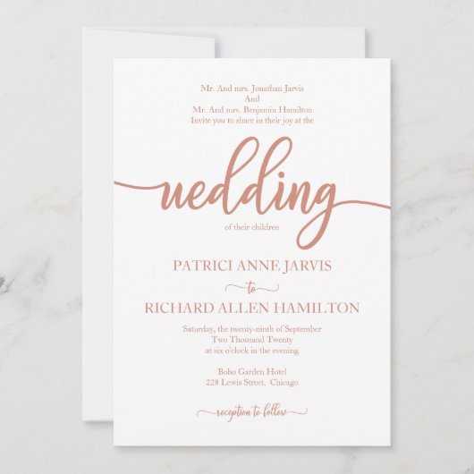 Elegante Rose Gold Calligraphy Classic Wedding Einladung (Vorderseite)