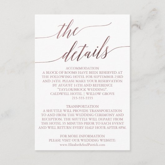 Elegante Rose Gold Calligraphy Details Beipackkart Begleitkarte (Vorderseite)