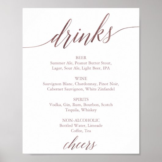 Elegante Rose Gold Calligraphy Drink Menü Signatur Poster (Vorne)