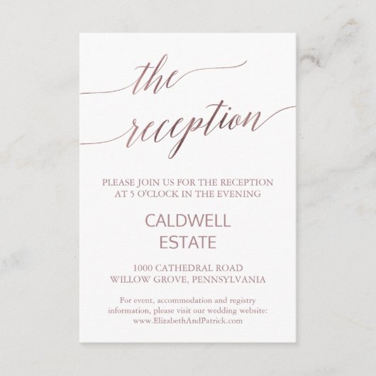 Elegante Rose Gold Calligraphy Empfang Card Begleitkarte (Vorderseite)