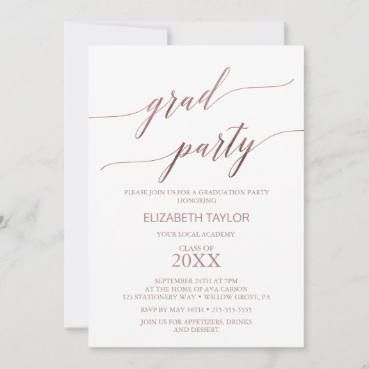 Elegante Rose Gold Calligraphy Graduation Party Einladung (Vorderseite)