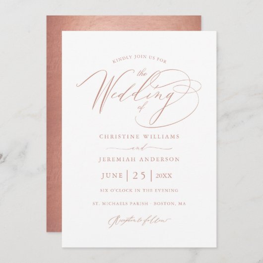 Elegante Rose Gold Calligraphy Metallic Wedding Einladung (Vorne/Hinten)
