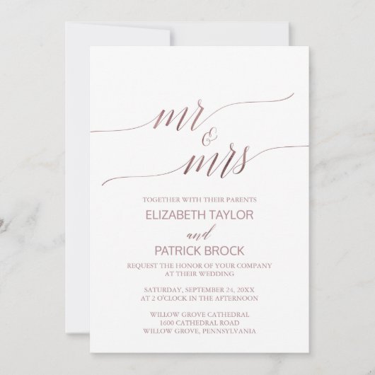 Elegante Rose Gold Calligraphy Mr & Mrs. Wedding Einladung (Vorderseite)